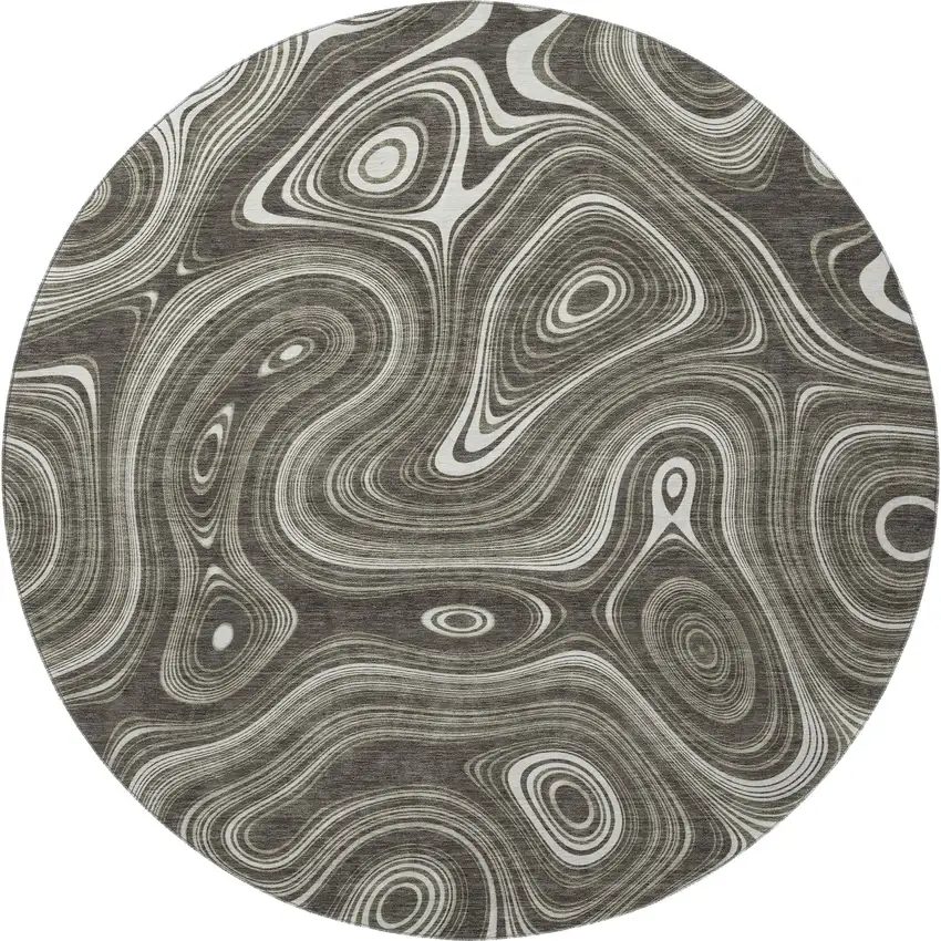 8' Gray And Silver Geometric Washable Round Rug With UV Protection Photo 4