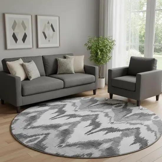 8' Gray And Silver Ikat Washable Round Rug With UV Protection Photo 1