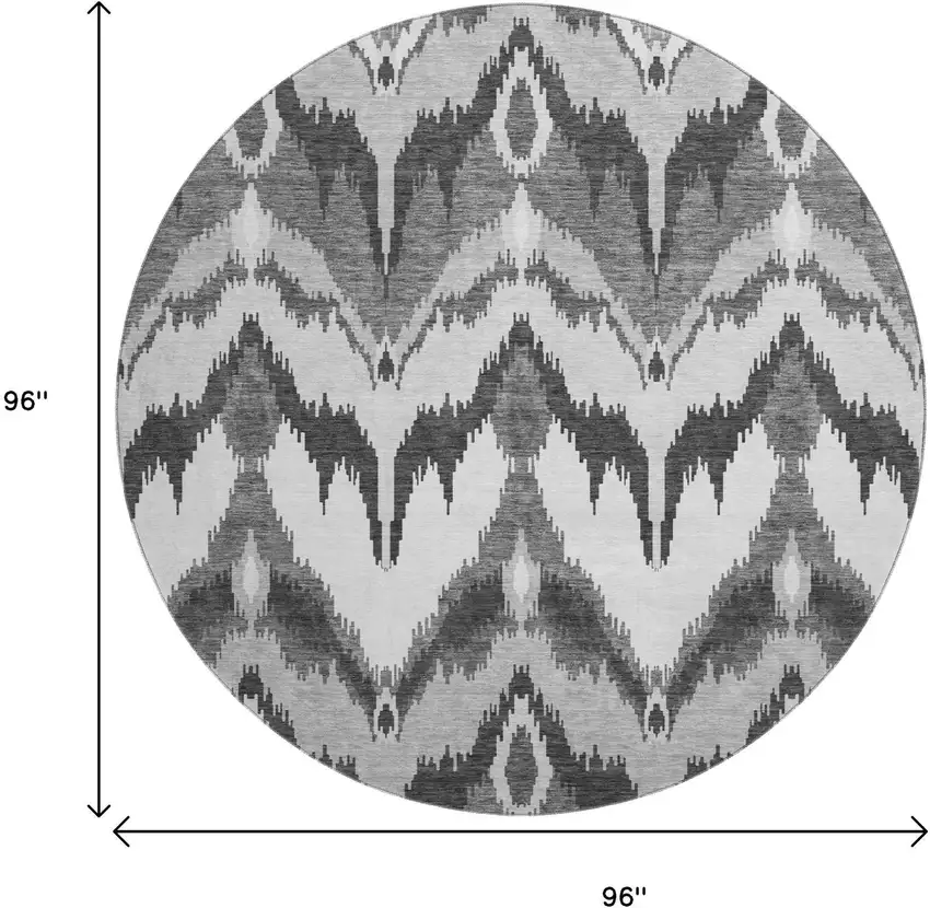 8' Gray And Silver Ikat Washable Round Rug With UV Protection Photo 3
