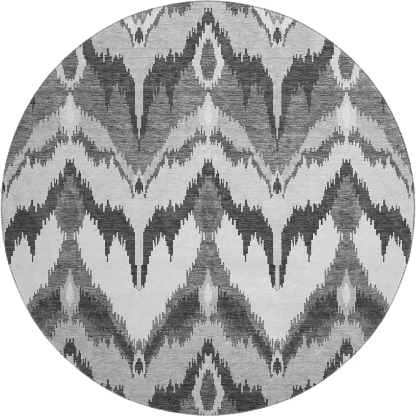 8' Gray And Silver Ikat Washable Round Rug With UV Protection Photo 1