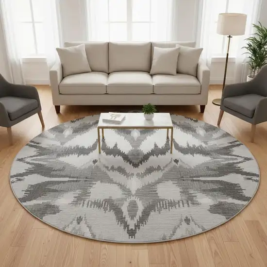 8' Gray And Silver Ikat Washable Round Rug With UV Protection Photo 2