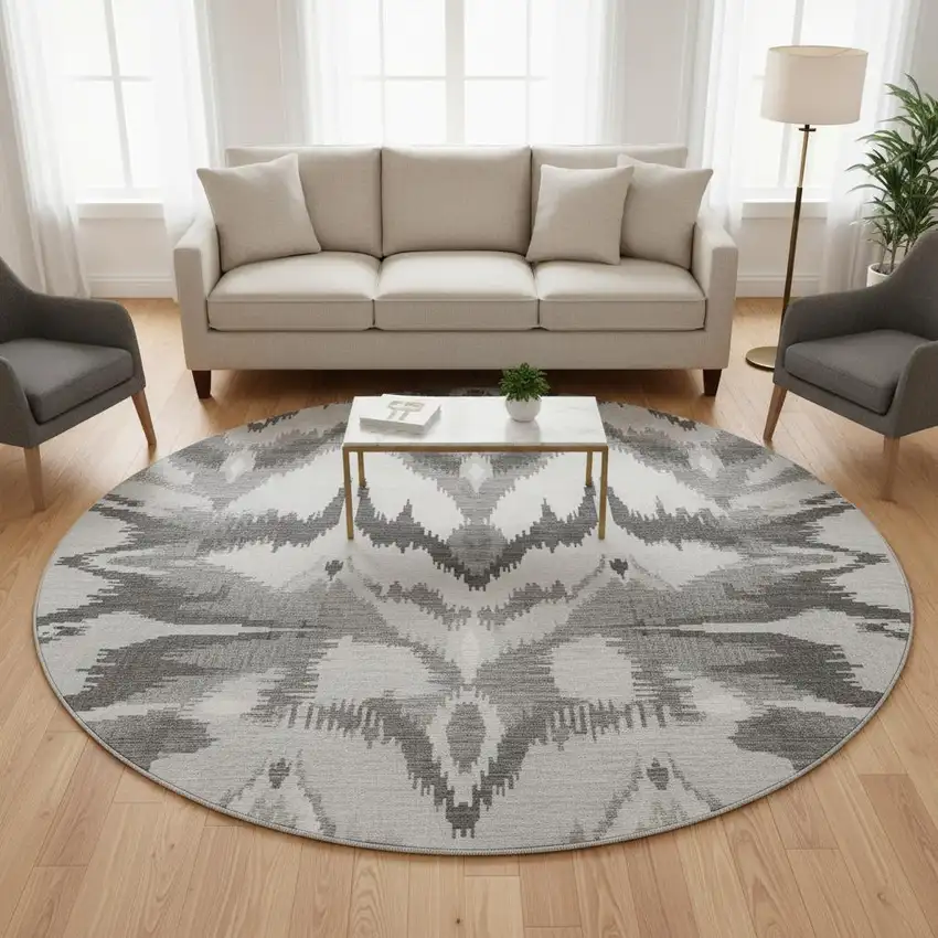8' Gray And Silver Ikat Washable Round Rug With UV Protection Photo 2