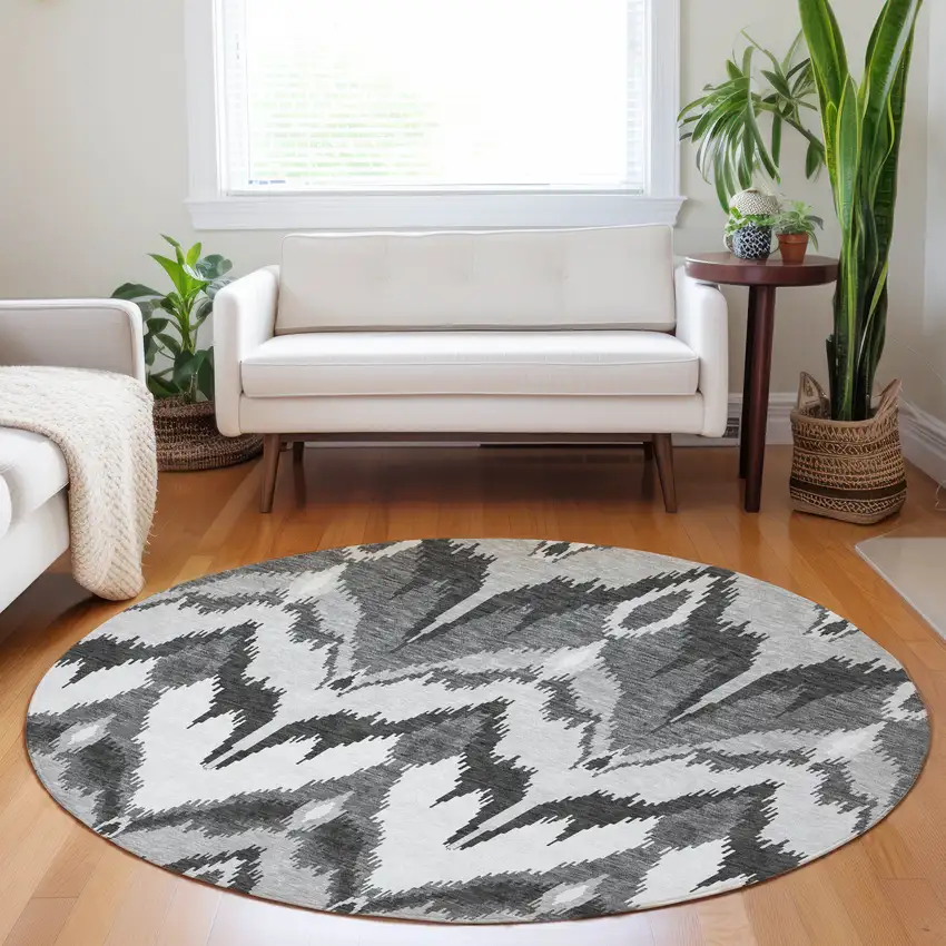 8' Gray And Silver Ikat Washable Round Rug With UV Protection Photo 5