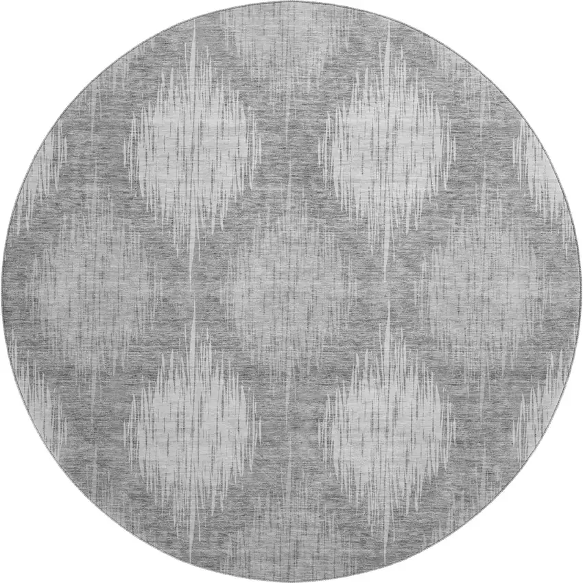 8' Gray And Silver Ikat Washable Round Rug With UV Protection Photo 1