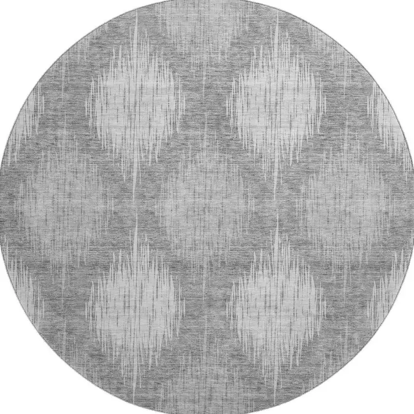 8' Gray And Silver Ikat Washable Round Rug With UV Protection Photo 4