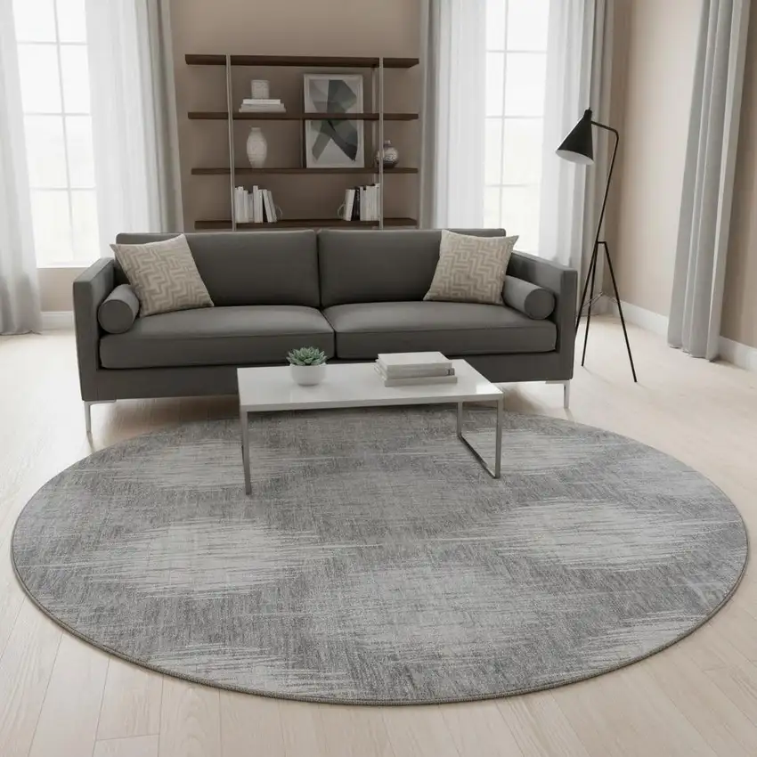 8' Gray And Silver Ikat Washable Round Rug With UV Protection Photo 2