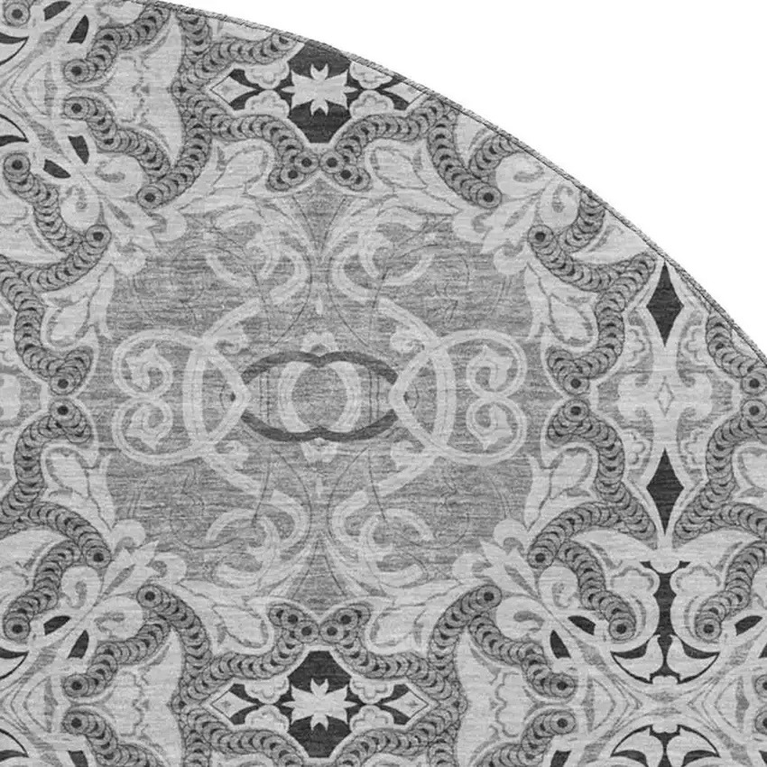 8' Gray And Silver Medallion Washable Round Rug With UV Protection Photo 3