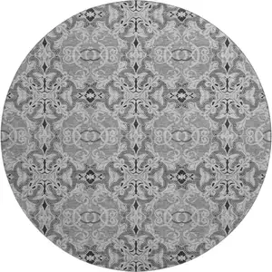 Photo of 8' Gray And Silver Medallion Washable Round Rug With UV Protection