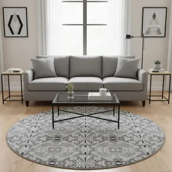 8' Gray And Silver Medallion Washable Round Rug With UV Protection Photo 2