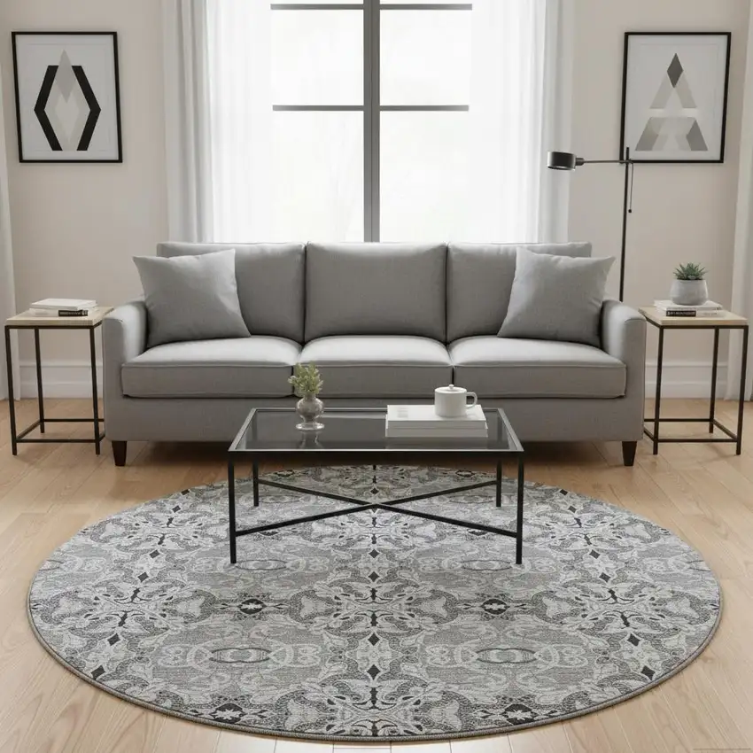 8' Gray And Silver Medallion Washable Round Rug With UV Protection Photo 2