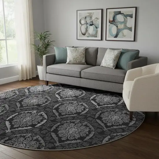 8' Gray And Silver Medallion Washable Round Rug With UV Protection Photo 1
