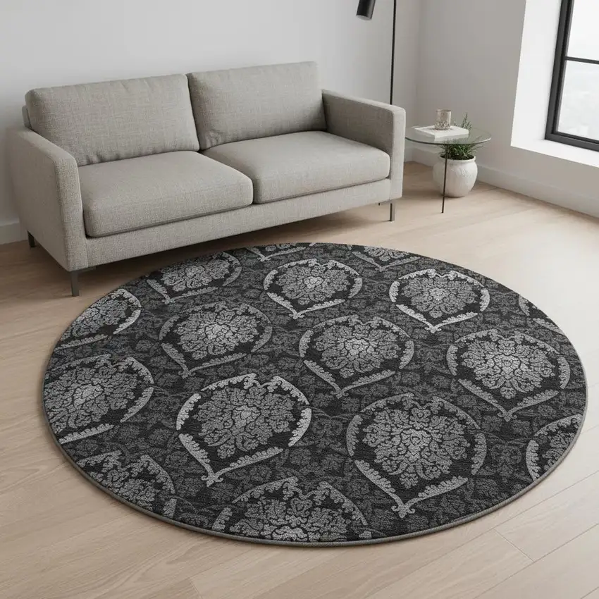 8' Gray And Silver Medallion Washable Round Rug With UV Protection Photo 2
