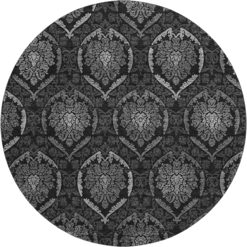 8' Gray And Silver Medallion Washable Round Rug With UV Protection Photo 1