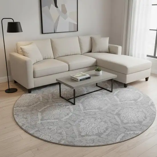 8' Gray And Silver Medallion Washable Round Rug With UV Protection Photo 2