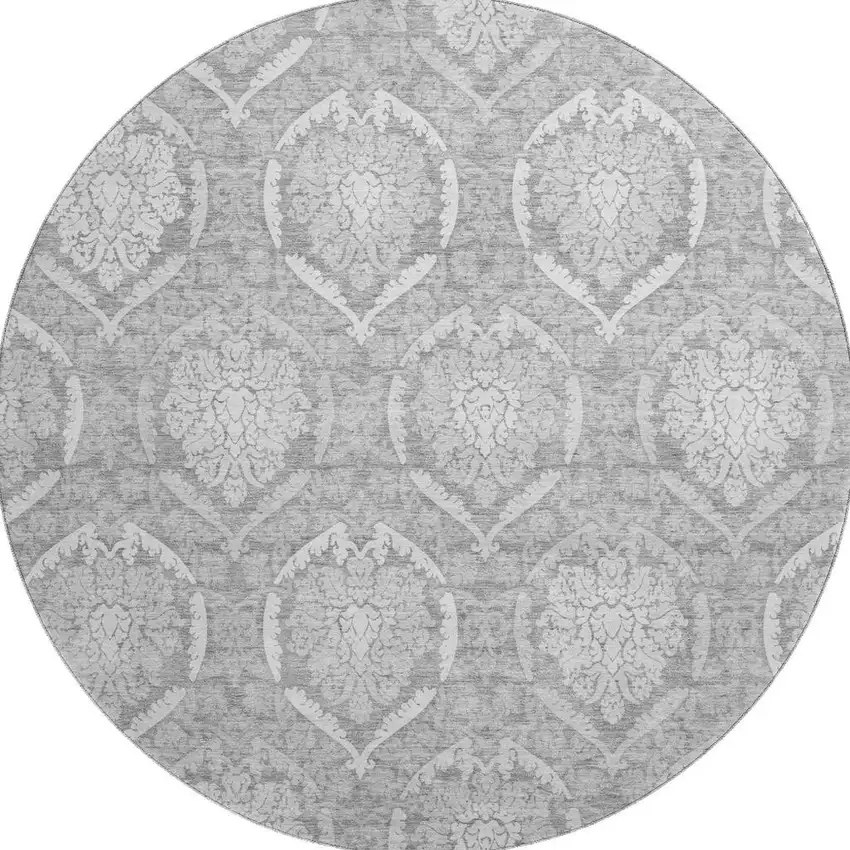 8' Gray And Silver Medallion Washable Round Rug With UV Protection Photo 3
