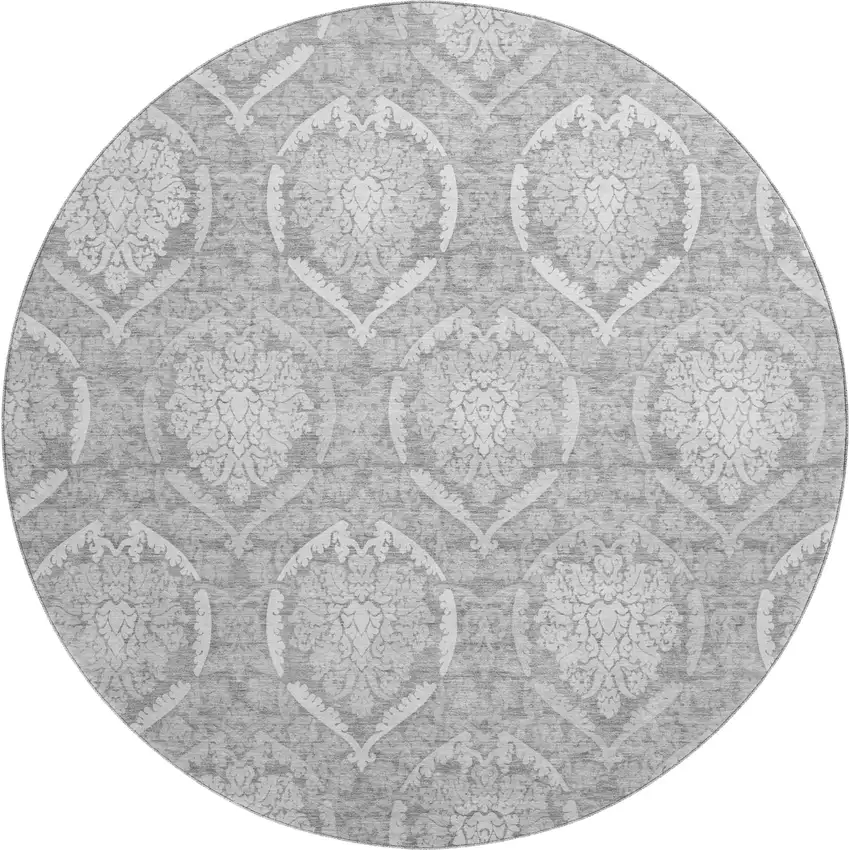8' Gray And Silver Medallion Washable Round Rug With UV Protection Photo 1