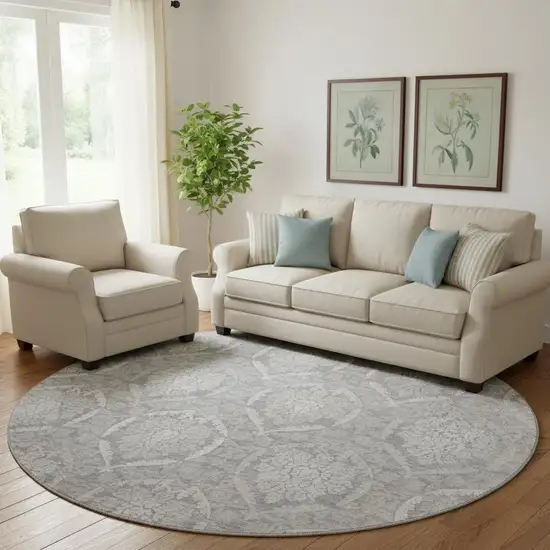 8' Gray And Silver Medallion Washable Round Rug With UV Protection Photo 1