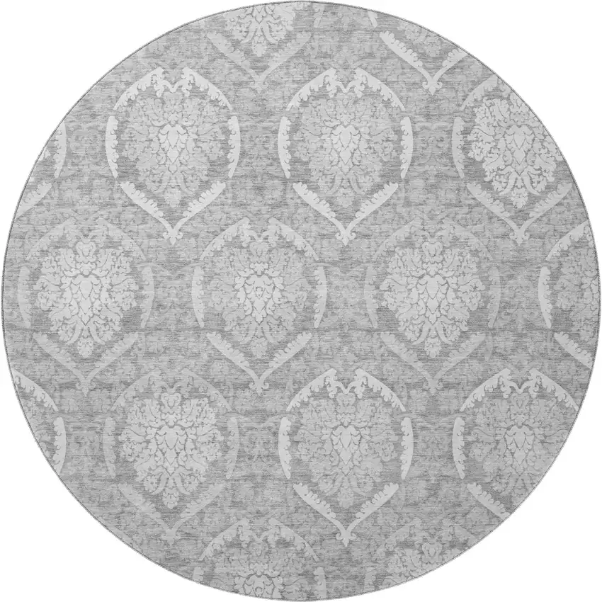 8' Gray And Silver Medallion Washable Round Rug With UV Protection Photo 4