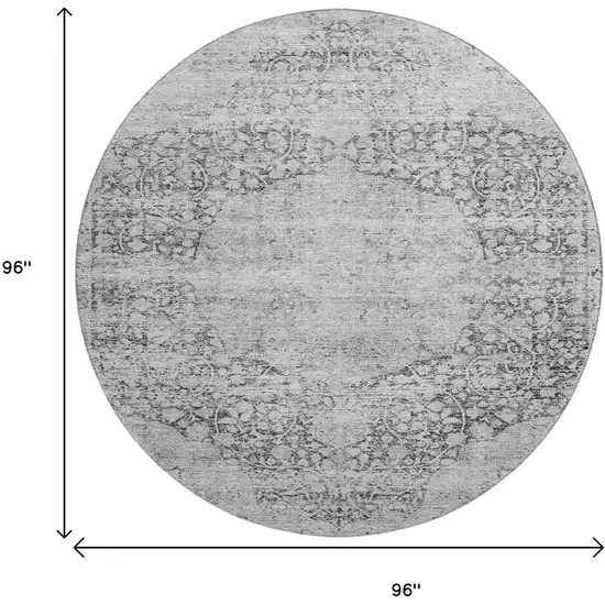 8' Gray And Silver Medallion Washable Round Rug With UV Protection Photo 9