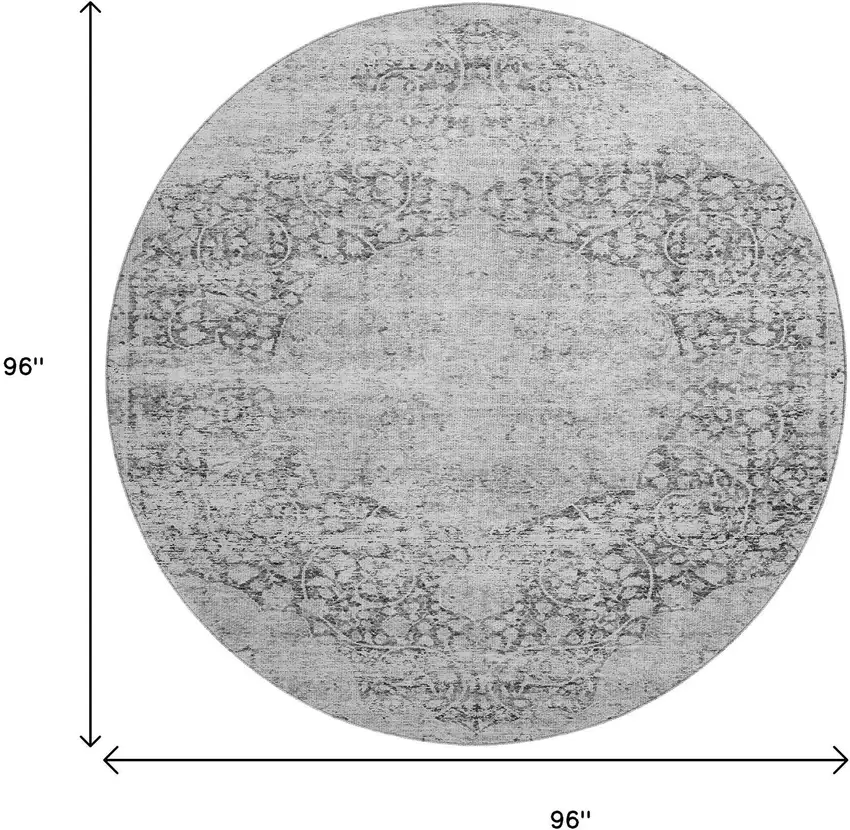 8' Gray And Silver Medallion Washable Round Rug With UV Protection Photo 9