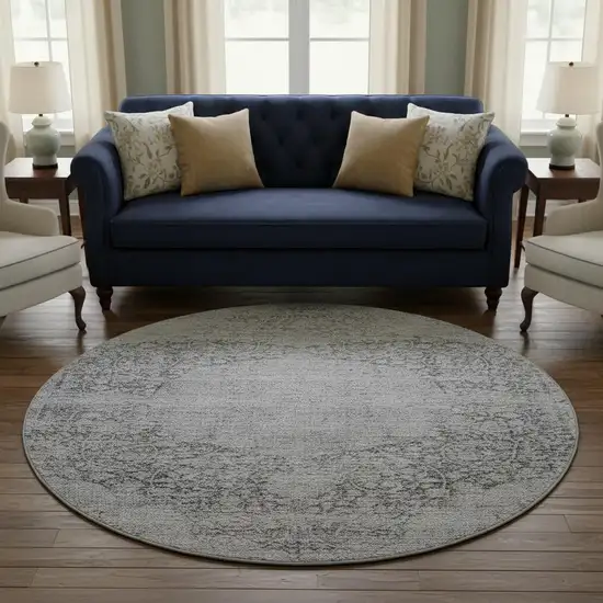 8' Gray And Silver Medallion Washable Round Rug With UV Protection Photo 2