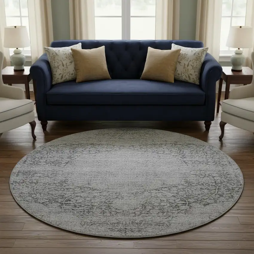 8' Gray And Silver Medallion Washable Round Rug With UV Protection Photo 2