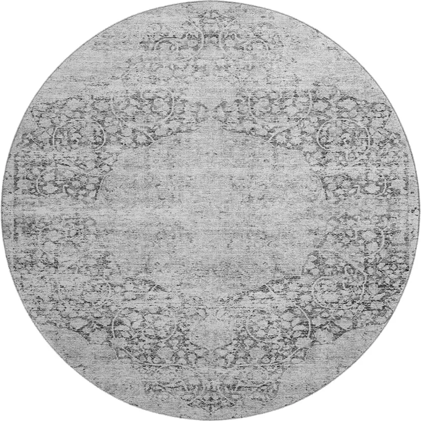 8' Gray And Silver Medallion Washable Round Rug With UV Protection Photo 1