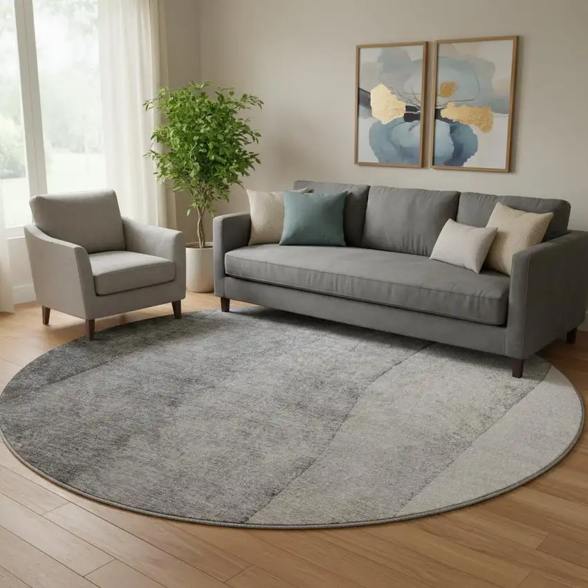 8' Gray And Silver Ombre Washable Round Rug With UV Protection Photo 1