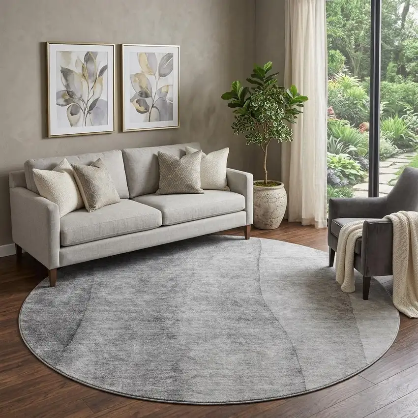 8' Gray And Silver Ombre Washable Round Rug With UV Protection Photo 1