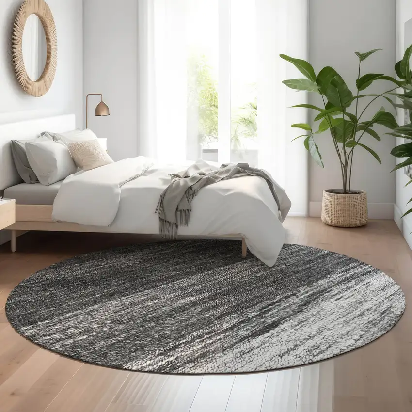8' Gray And Silver Ombre Washable Round Rug With UV Protection Photo 5