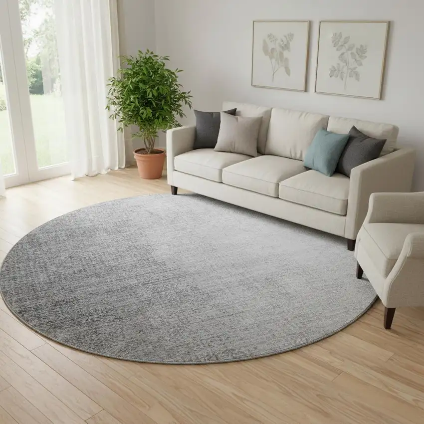 8' Gray And Silver Ombre Washable Round Rug With UV Protection Photo 1