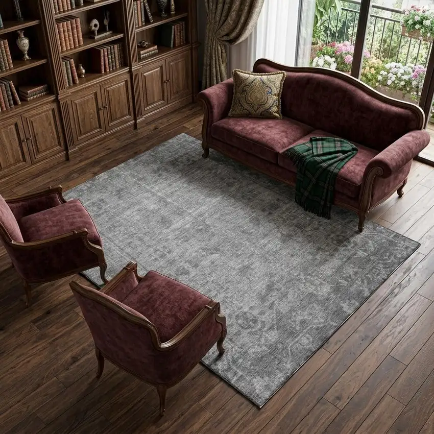 8' Gray And Silver Oriental Washable Area Rug With UV Protection Photo 1