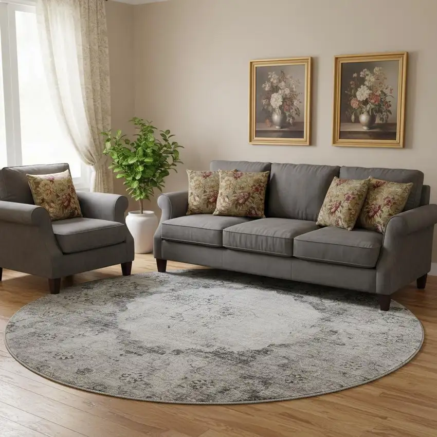 8' Gray And Silver Oriental Washable Round Rug With UV Protection Photo 1