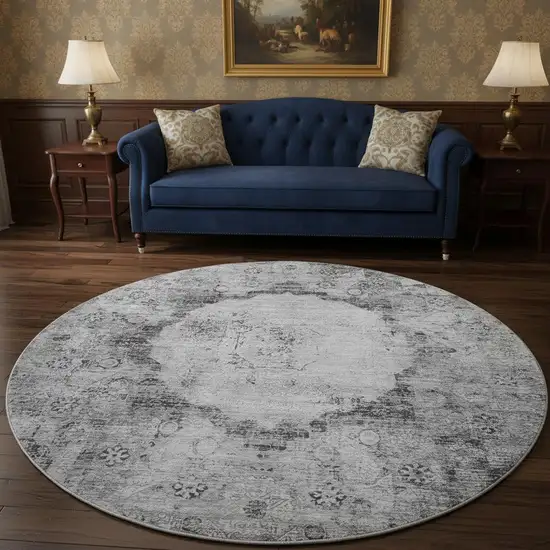 8' Gray And Silver Oriental Washable Round Rug With UV Protection Photo 2