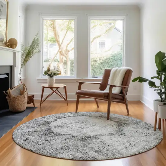 8' Gray And Silver Oriental Washable Round Rug With UV Protection Photo 5