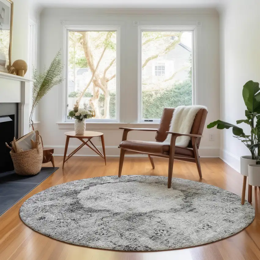8' Gray And Silver Oriental Washable Round Rug With UV Protection Photo 5