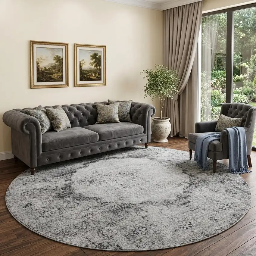 8' Gray And Silver Oriental Washable Round Rug With UV Protection Photo 1