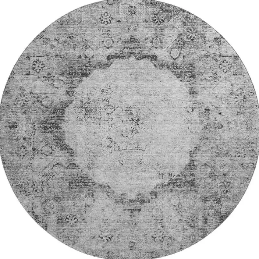 8' Gray And Silver Oriental Washable Round Rug With UV Protection Photo 4
