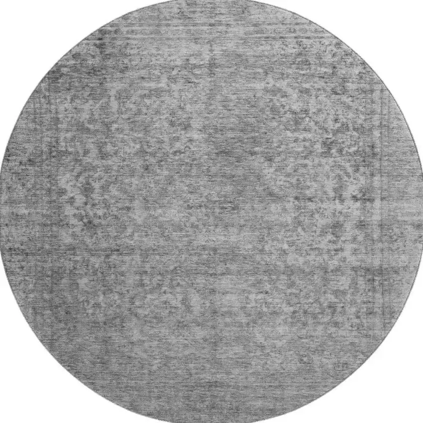 8' Gray And Silver Oriental Washable Round Rug With UV Protection Photo 3