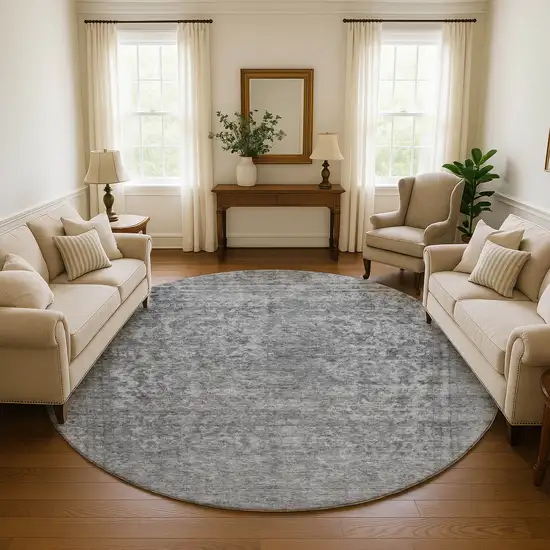 8' Gray And Silver Oriental Washable Round Rug With UV Protection Photo 4