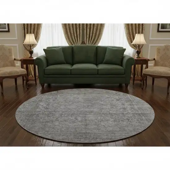 8' Gray And Silver Oriental Washable Round Rug With UV Protection Photo 2