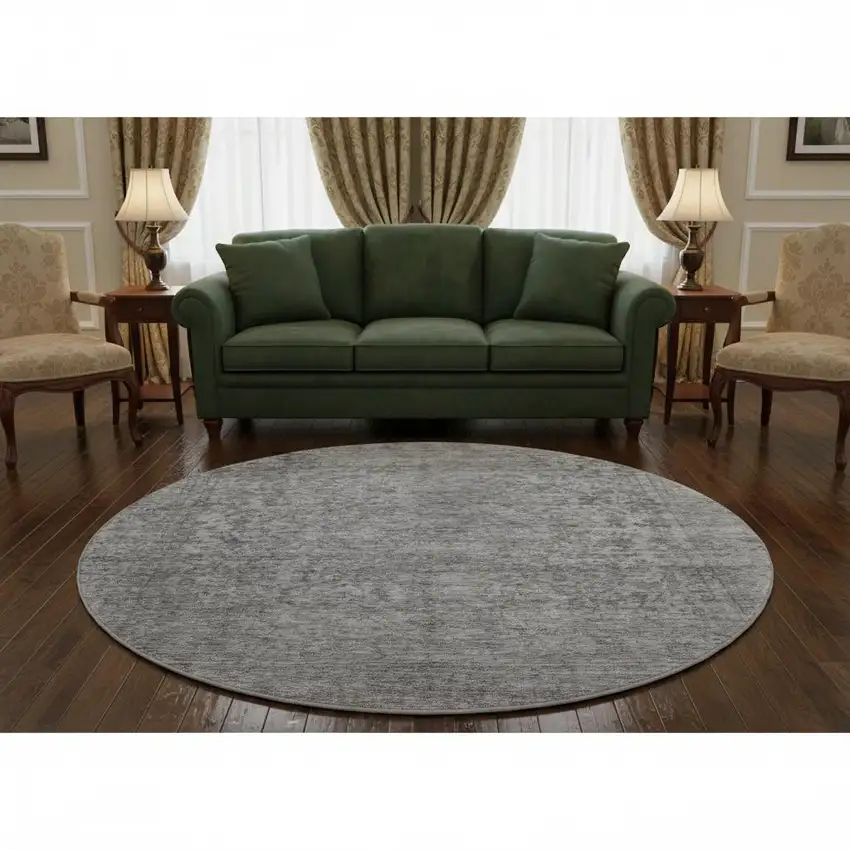 8' Gray And Silver Oriental Washable Round Rug With UV Protection Photo 2