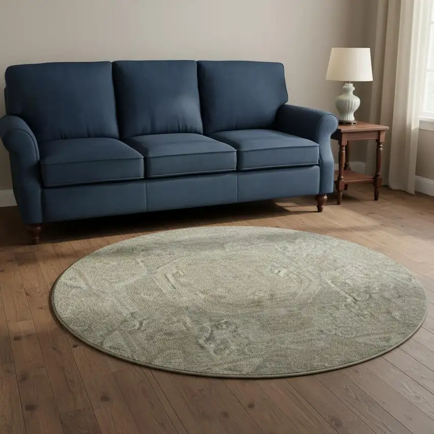 8' Gray And Silver Oriental Washable Round Rug With UV Protection Photo 2