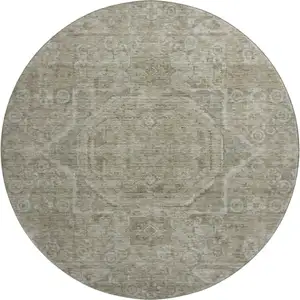 Photo of 8' Gray And Silver Oriental Washable Round Rug With UV Protection