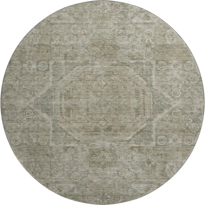 8' Gray And Silver Oriental Washable Round Rug With UV Protection Photo 1