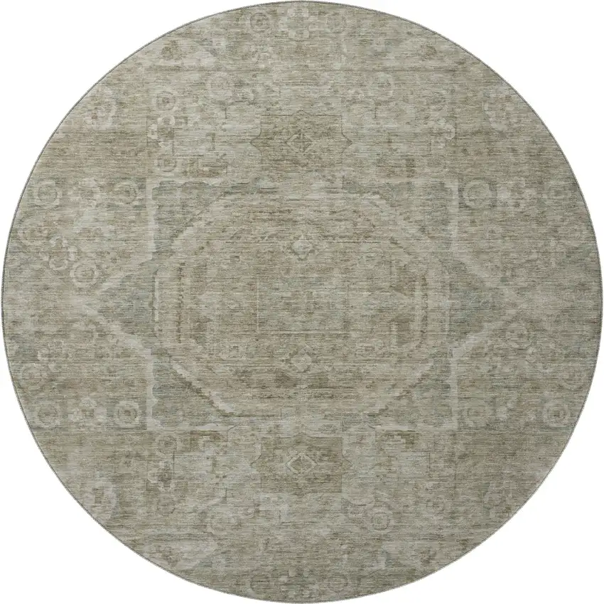 8' Gray And Silver Oriental Washable Round Rug With UV Protection Photo 2