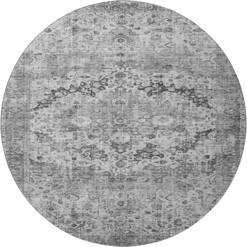 8' Gray And Silver Oriental Washable Round Rug With UV Protection Photo 3