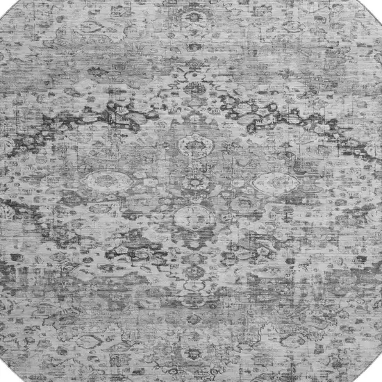 8' Gray And Silver Oriental Washable Round Rug With UV Protection Photo 2