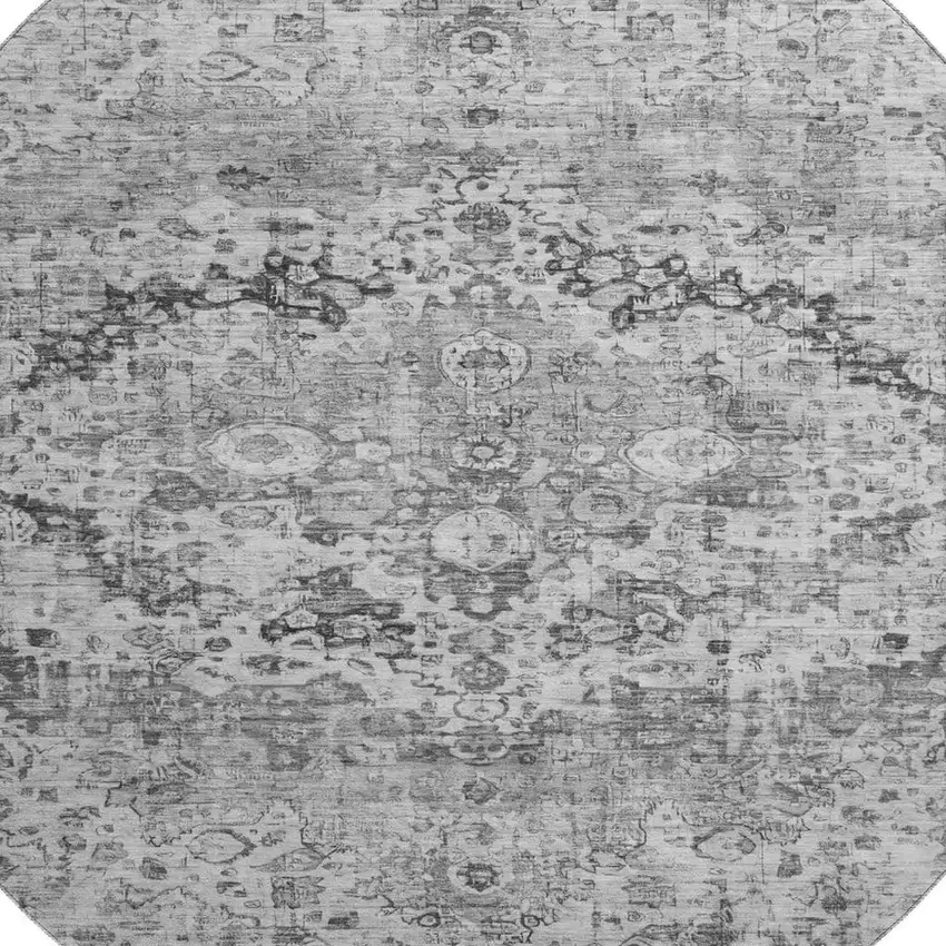 8' Gray And Silver Oriental Washable Round Rug With UV Protection Photo 2