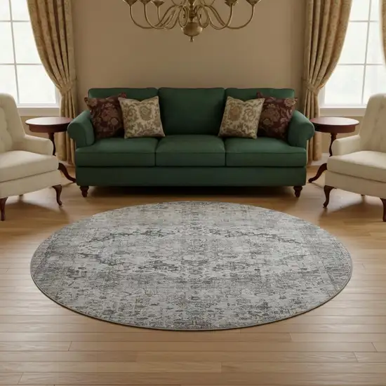 8' Gray And Silver Oriental Washable Round Rug With UV Protection Photo 2